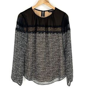 White House Black Market Top Size 0 Black Sheer Yoke Printed Blouse Long Sleeve
